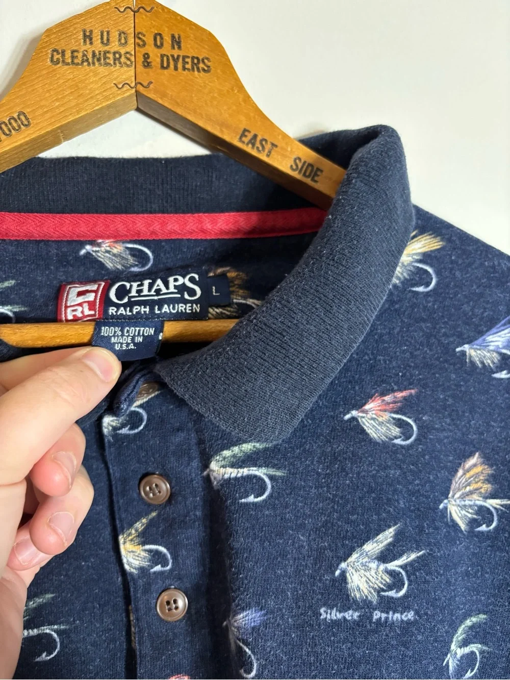 Vtg 90s Chaps Ralph Lauren Fly Fishing Polo Shirt Navy USA